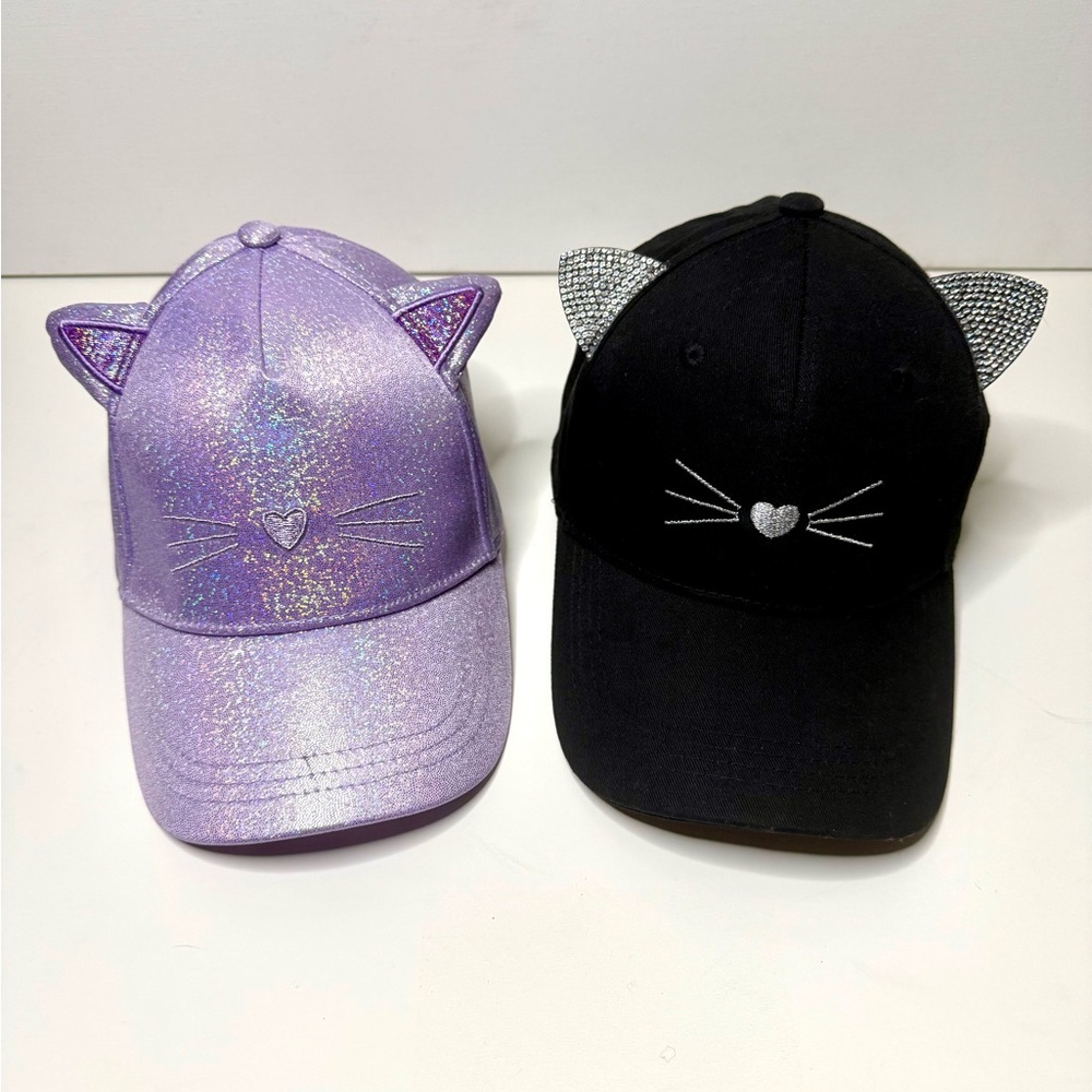 Two Cat Hats! Purple Sparkle Cap + Black and Silver Cap with Rhinestone Ears